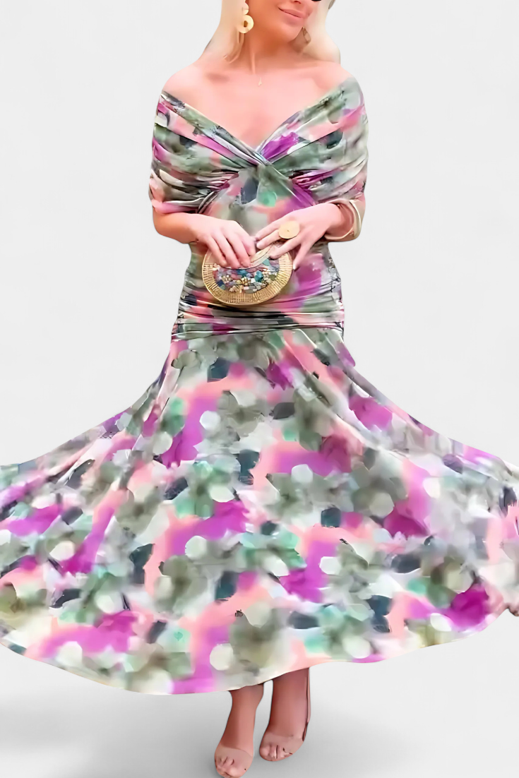 Florendra | Elegant Lang Blomsterkjole med V-udskæring