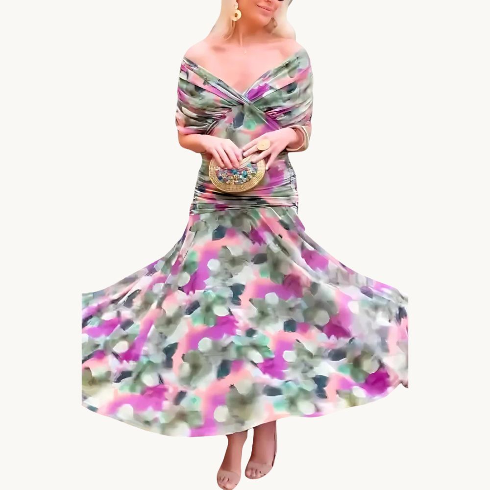 Florendra | Elegant Lang Blomsterkjole med V-udskæring